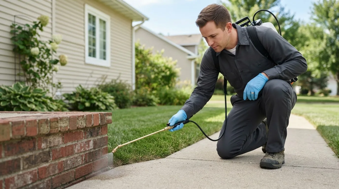 Pest control technician treating a home near Little Plymouth, VA